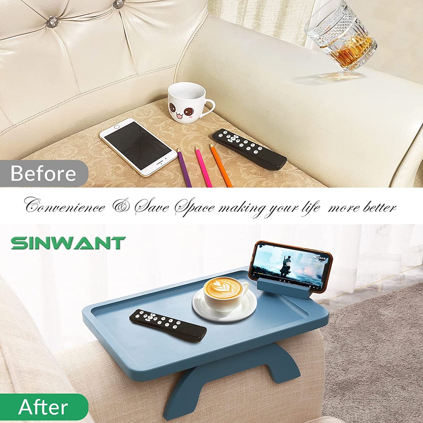 SINWNAT Couch Arm Tray, Bamboo Sofa Arm Clip on Tray Table,Sofa Armrest Tray with 360° Phone Holder,Couch Arm Table for Eating and Drinking Table