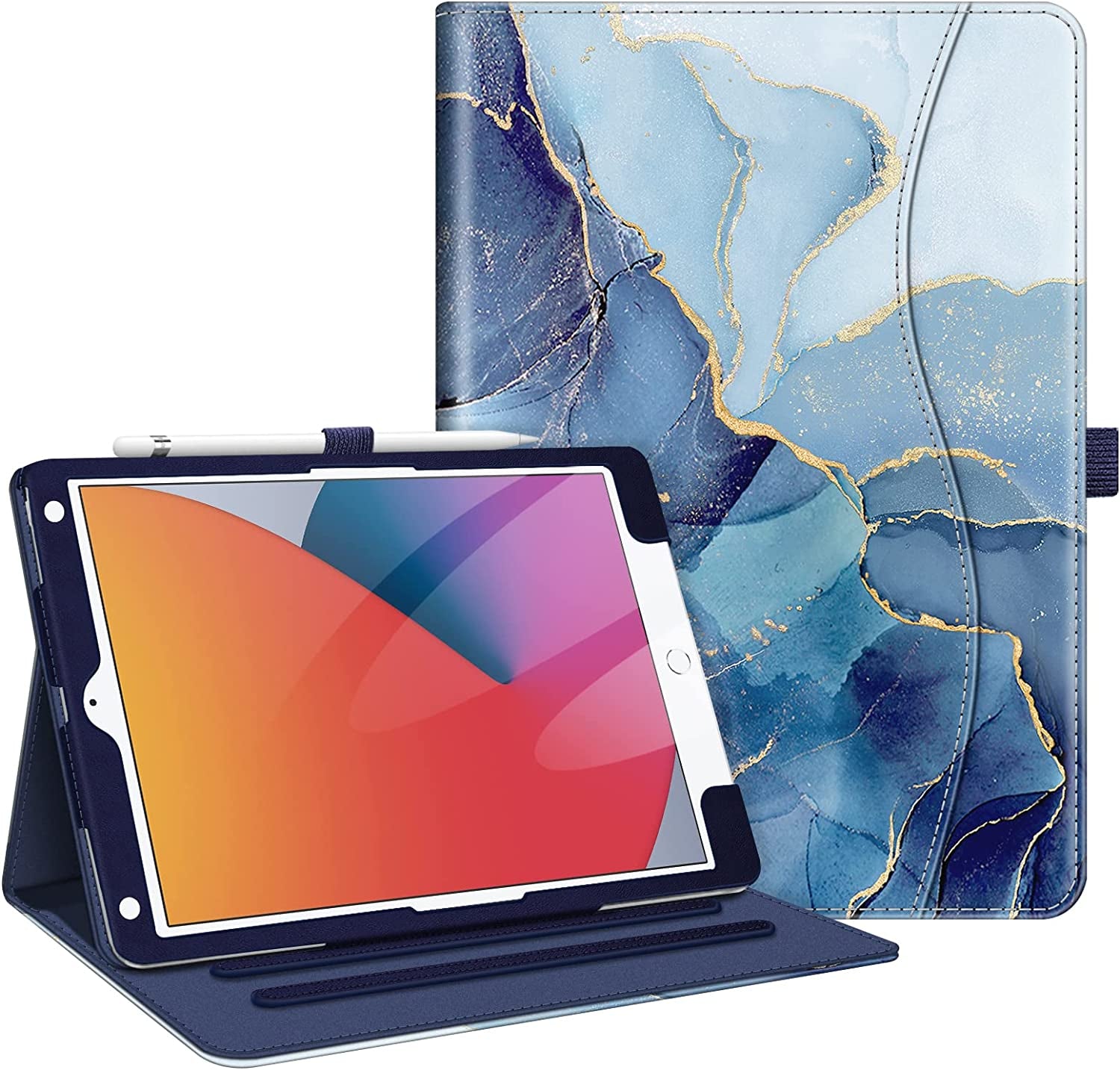 Case for Ipad 9Th / 8Th / 7Th Generation (2021/2020/2019) 10.2 Inch - [Corner Protection] Multi-Angle Viewing Stand Cover with Pocket & Pencil Holder, Auto Sleep Wake, Ocean Marble