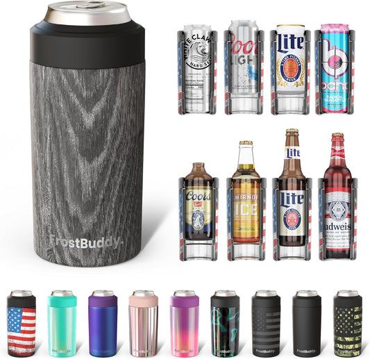 Universal Buddy Can Cooler - Fits All - for Regular 12 & 16 Oz or Slim-Size Bottles - Insulated Double-Walled Stainless Steel (Black Wood)