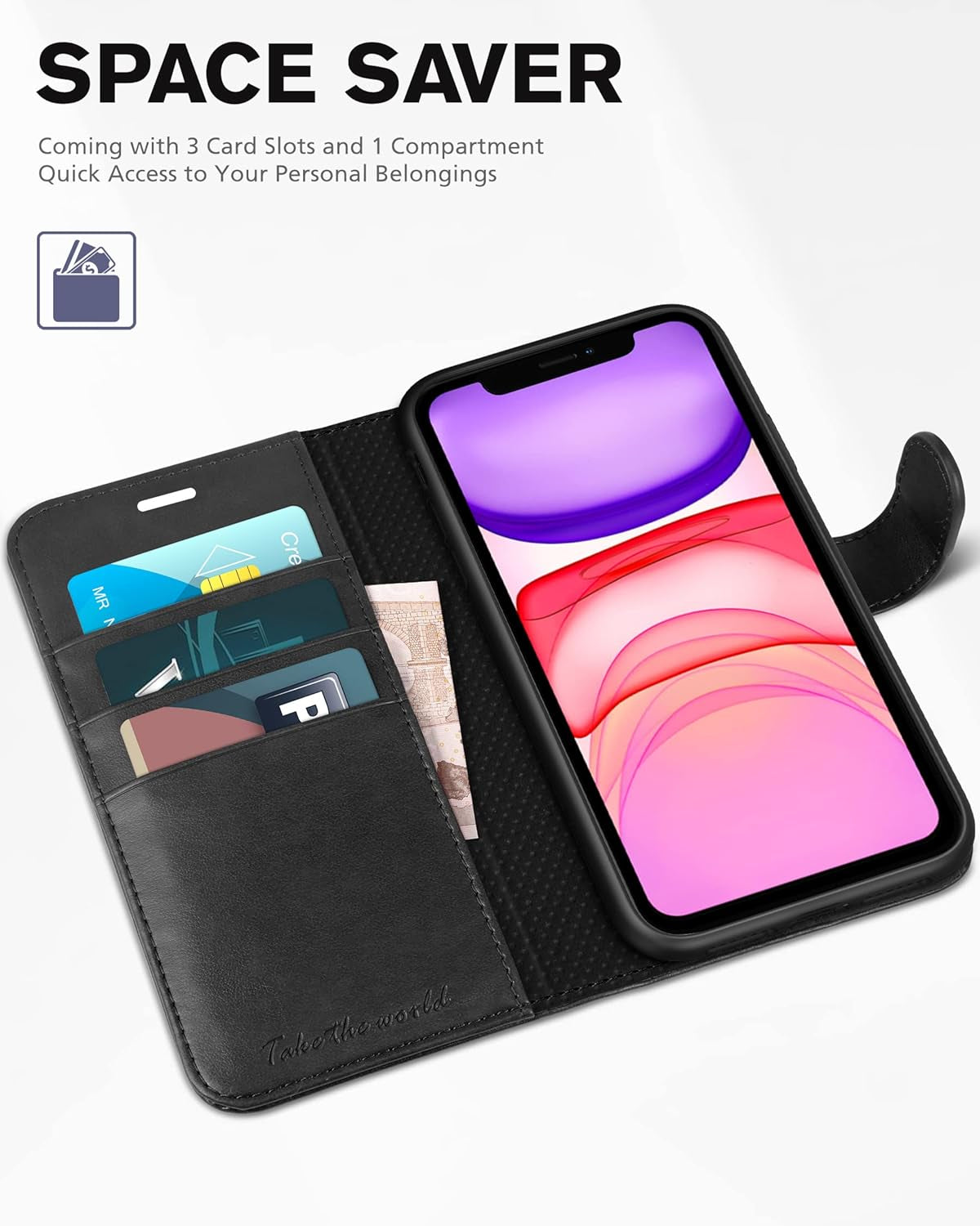 Case Wallet for Iphone 11, [RFID Blocking] Card Slots Stand Magnetic Closure, Protective PU Leather [Shockproof TPU Interior Case] Flip Cover Compatible with Iphone 11 (2019 6.1 Inch), Black