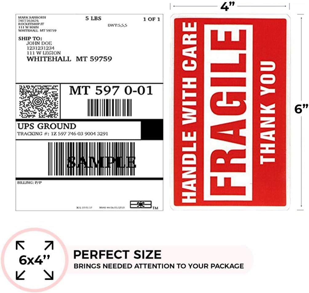 Enko 4 X 6 Inch Large Fragile Stickers Handle with Care Warning Packing Shipping Label - Permanent Adhesive (1 Roll, 500 Labels)