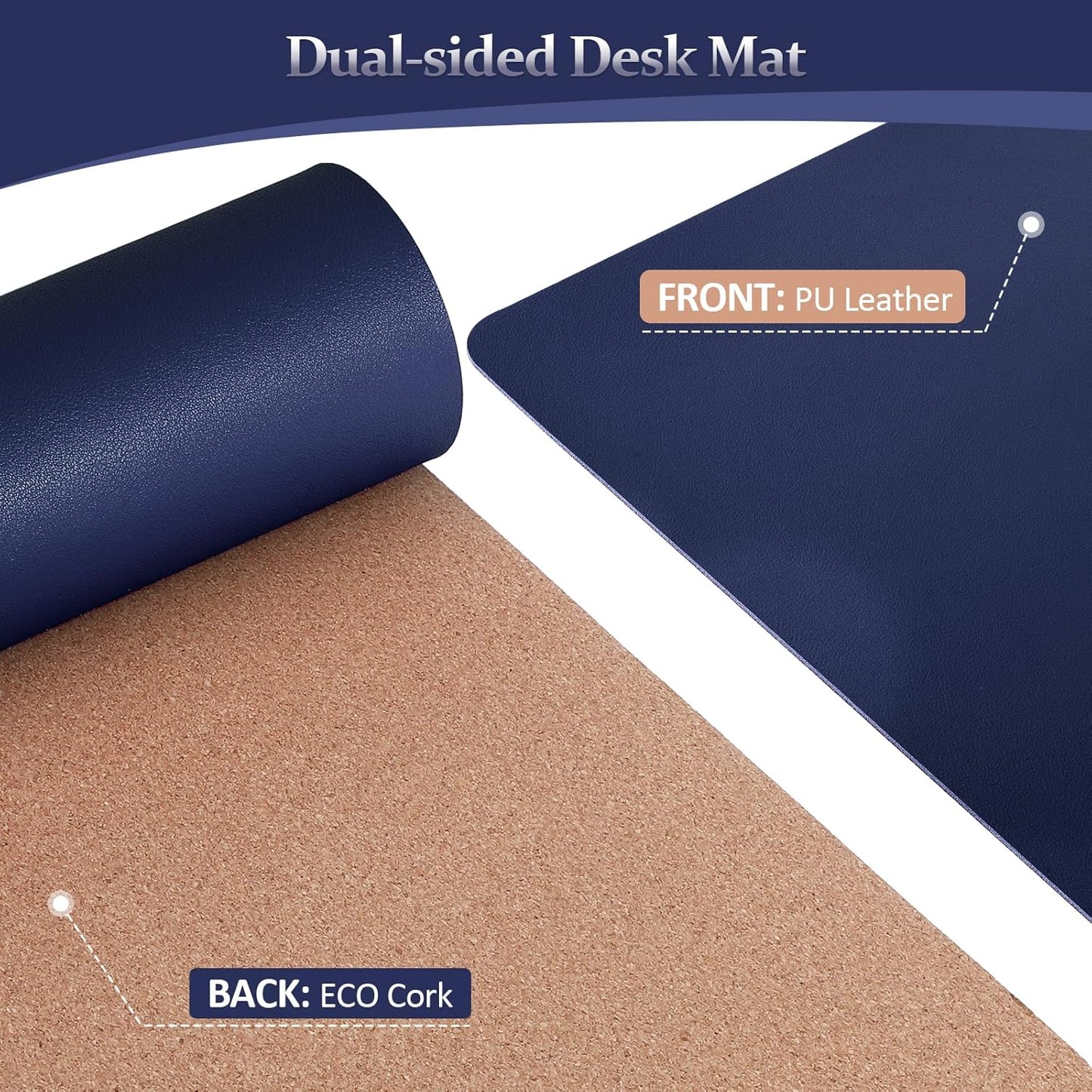 Leather Desk Pad - 24" X 14" Office Desk Mat, Large Mouse Pad Desk Protector, Desktop Mat, Desk Writing Pad, Desk Blotter, Desk Cover (Cork+Dark Blue)