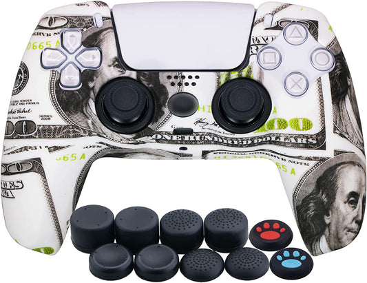 Water Transfer Printing Silicone Thickened Cover Skin Case for PS5 Controller X 1(US Dollars) with Thumb Grips X 10