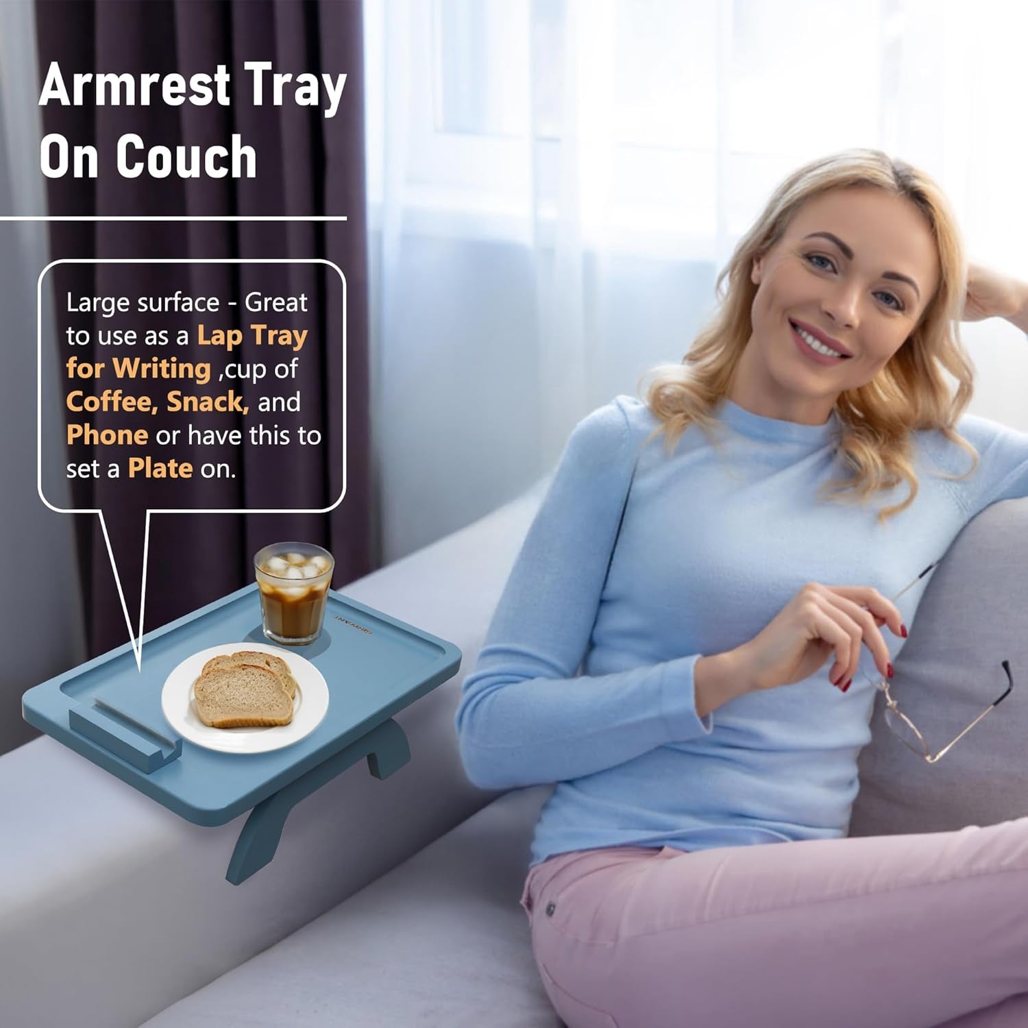 SINWNAT Couch Arm Tray, Bamboo Sofa Arm Clip on Tray Table,Sofa Armrest Tray with 360° Phone Holder,Couch Arm Table for Eating and Drinking Table