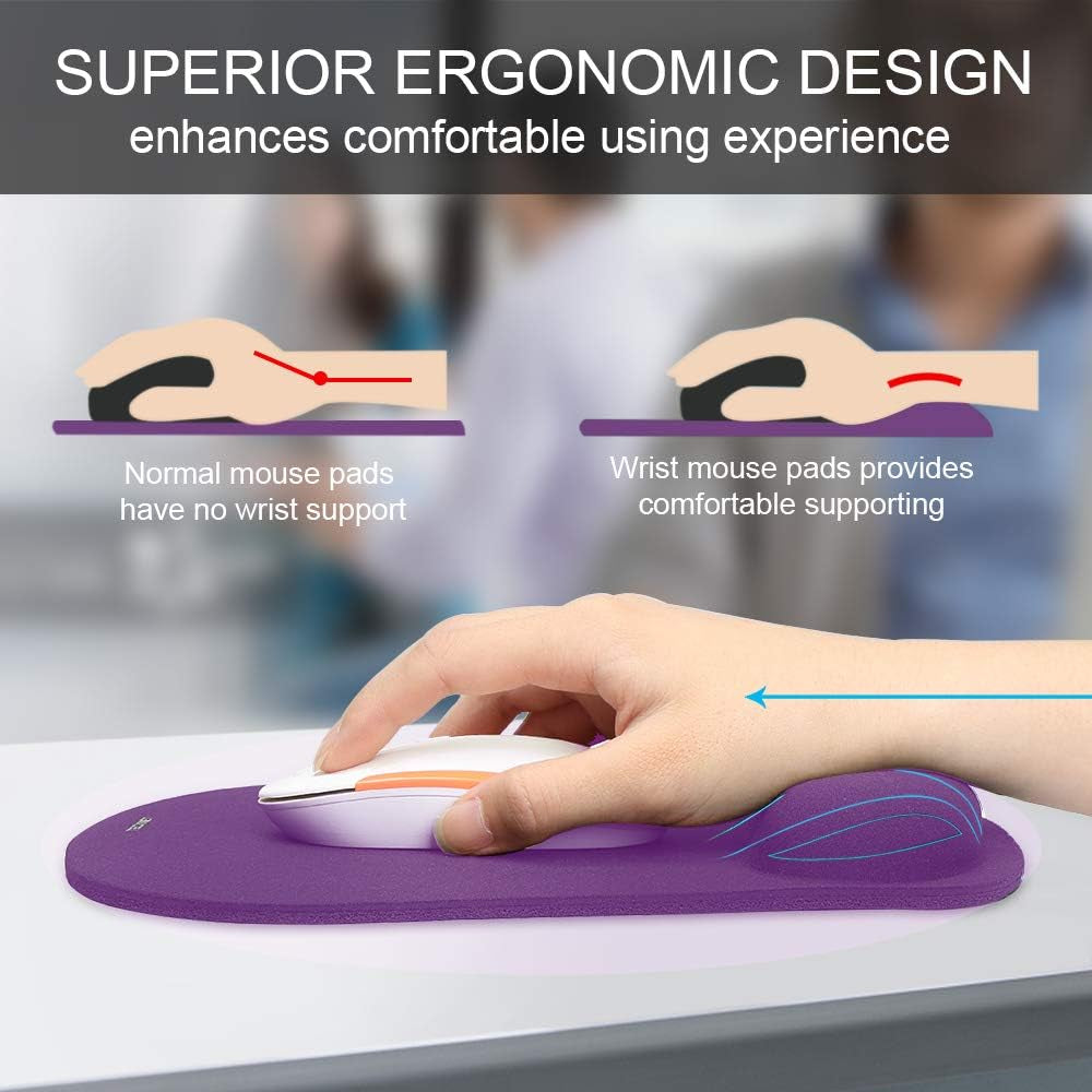 Mouse Pad with Wrist Support, Ergonomic Gaming Mouse Pad Pain Relief, Portable Comfortable Mousepad for Computer, Laptop, Office, Home and Travel, Non-Slip Base, Waterproof Surface, Purple